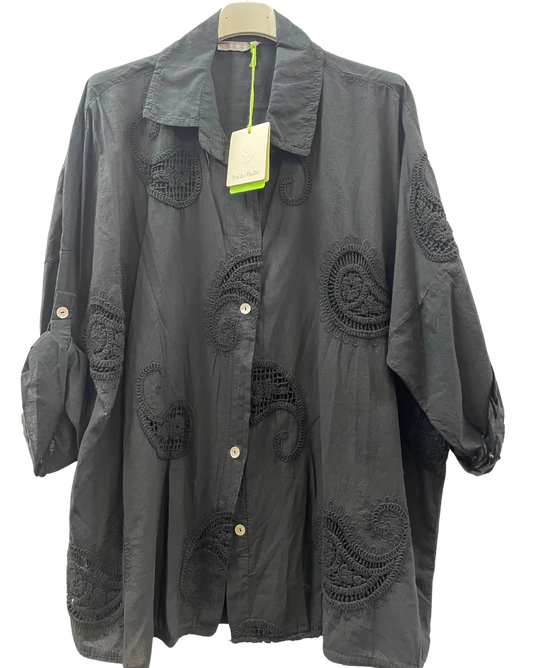 Paisley Design Cotton Shirt with Turn Up Sleeves in Black