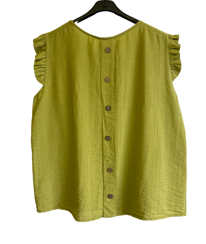 Button Back Summer Frill Cap Sleeve Plain Vest Top in Lime