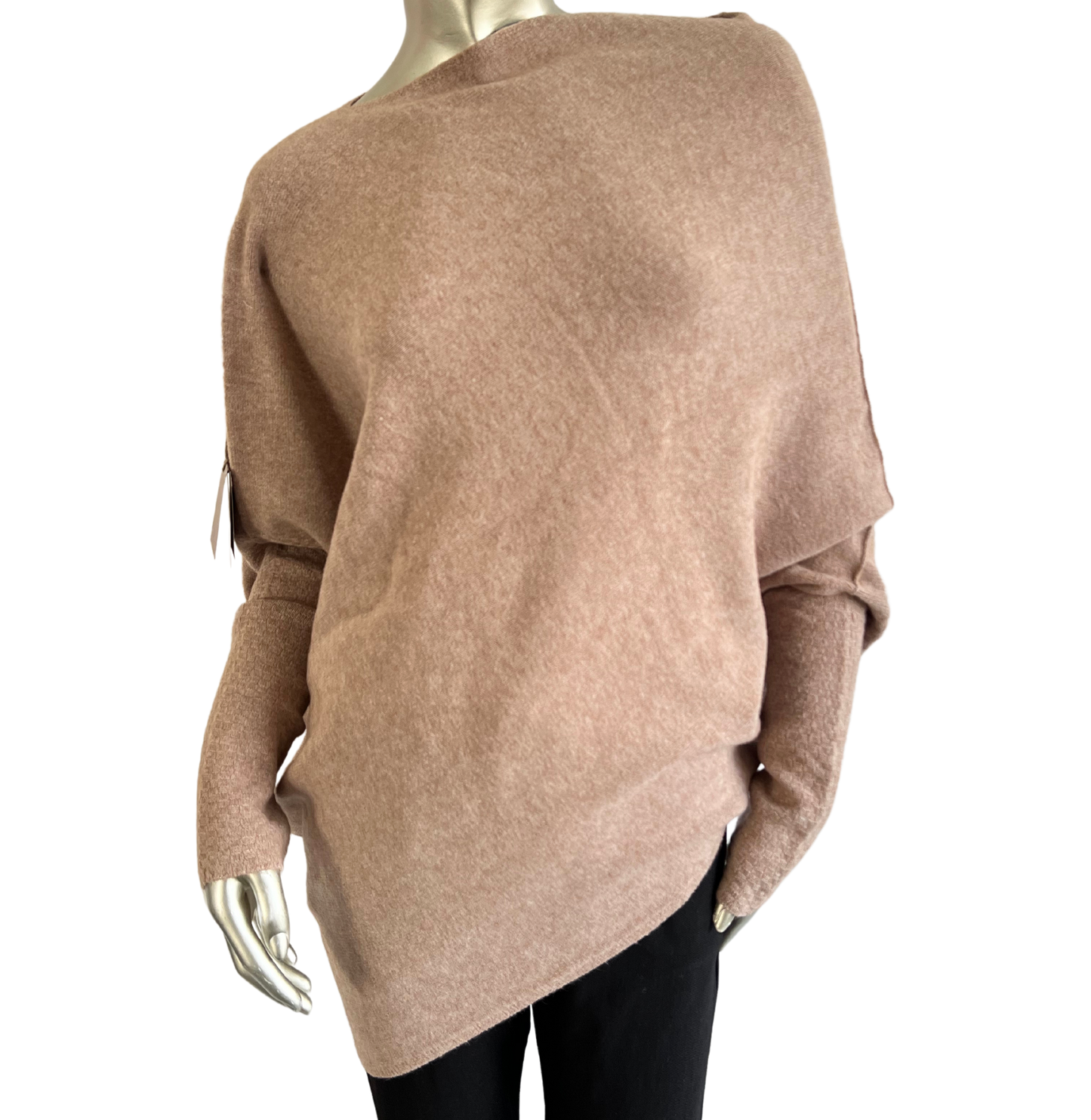 Asymmetric Draped Slouch Neck Soft Jumper with Long Fitted Sleeves in Pink