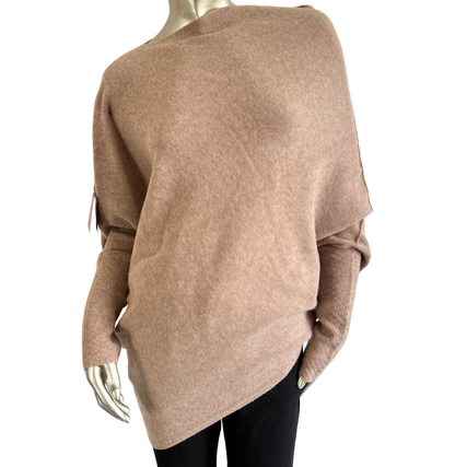 Asymmetric Draped Slouch Neck Soft Jumper with Long Fitted Sleeves in Pink