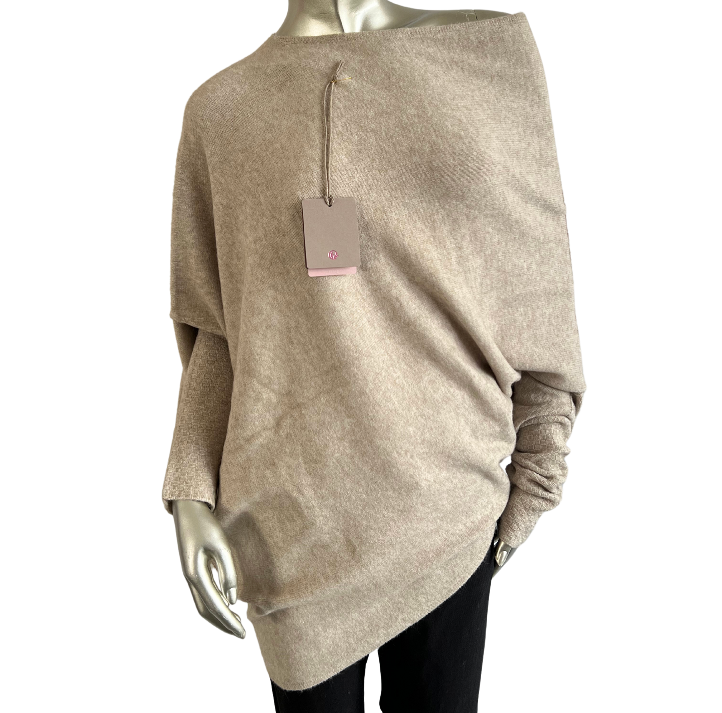 Asymmetric Draped Slouch Neck Soft Jumper with Long Fitted Sleeves in Mocha