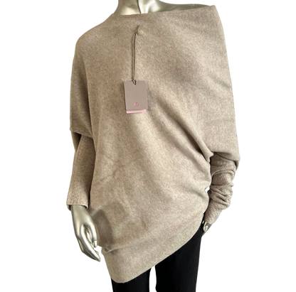 Asymmetric Draped Slouch Neck Soft Jumper with Long Fitted Sleeves in Mocha