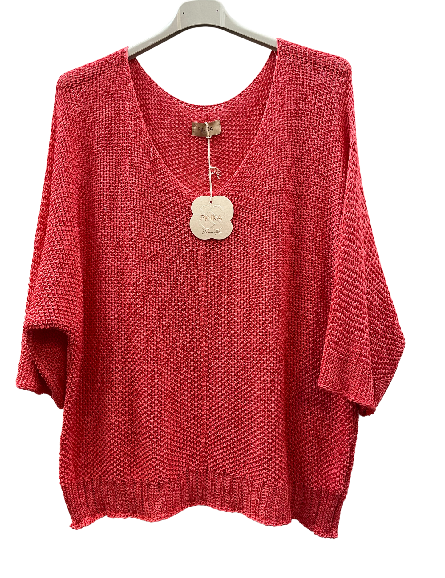 Oversized Lagenlook V Neck Knit Crochet Top in Coral