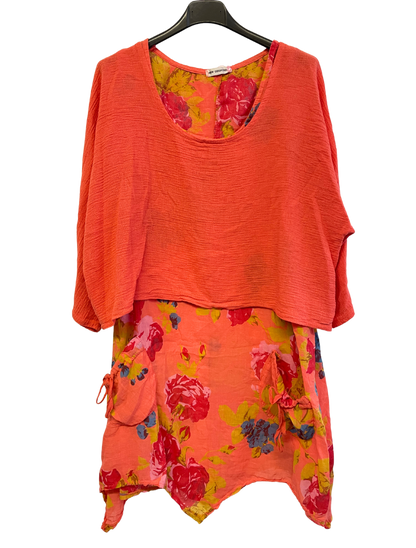 2 Piece Floral Dress Asymmetric Hem with Plain Top in Coral