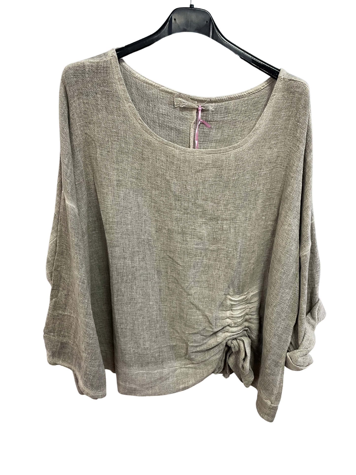 Summer Lagenlook Italian Scoop Neck Ruched Linen Top in Mocha