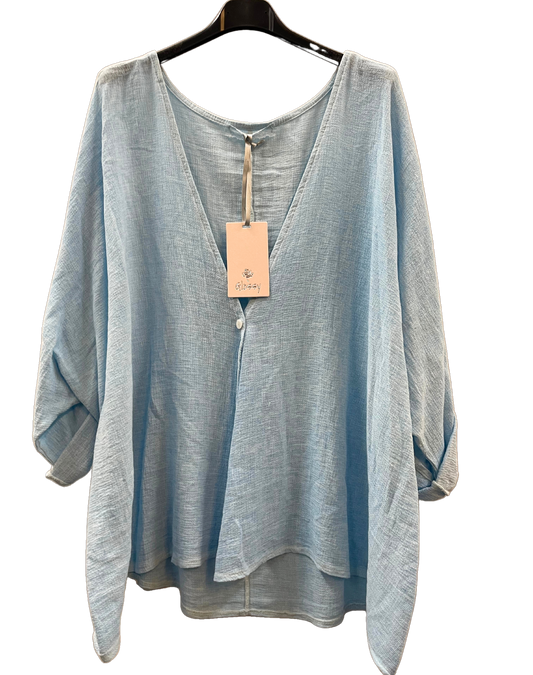 Overtop/Cardigan Layering Linen One Button Long Sleeve Top In Light Blue