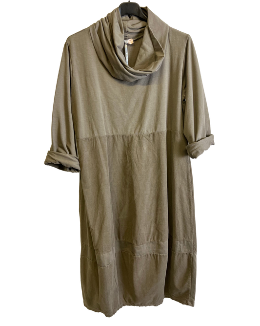 Cowl Neck Long Sleeve Cord Panel Jersey Dress In Beige