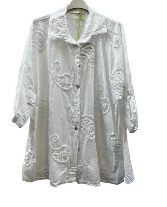 Paisley Design Cotton Shirt with Turn Up Sleeves in White