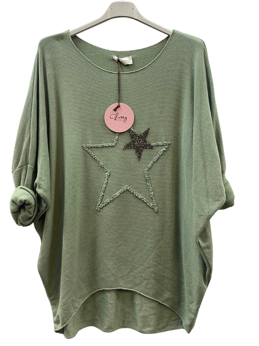 Soft Knit Curved Hem Sparkle Star Design Jumper Top in Khaki