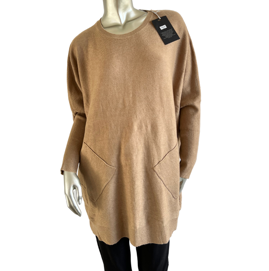 Lagenlook Italian Plait Back Design 2 Pocket Jumper in Camel