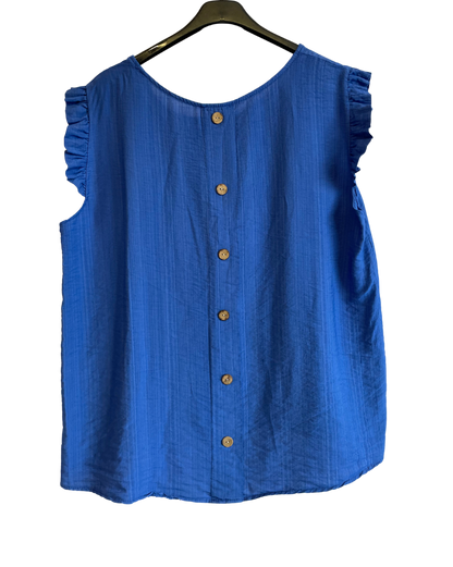 Button Back Summer Frill Cap Sleeve Plain Vest Top in Royal Blue