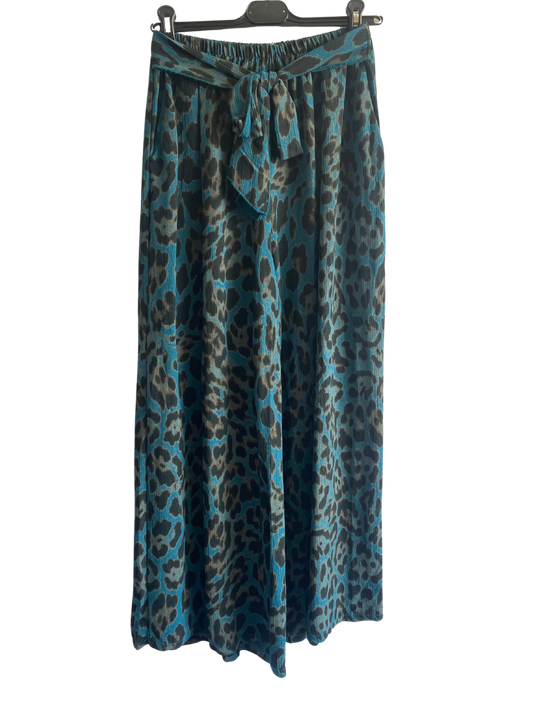 Animal Print Wide Leg Palazzo Elasticated Waistband Trousers in Teal