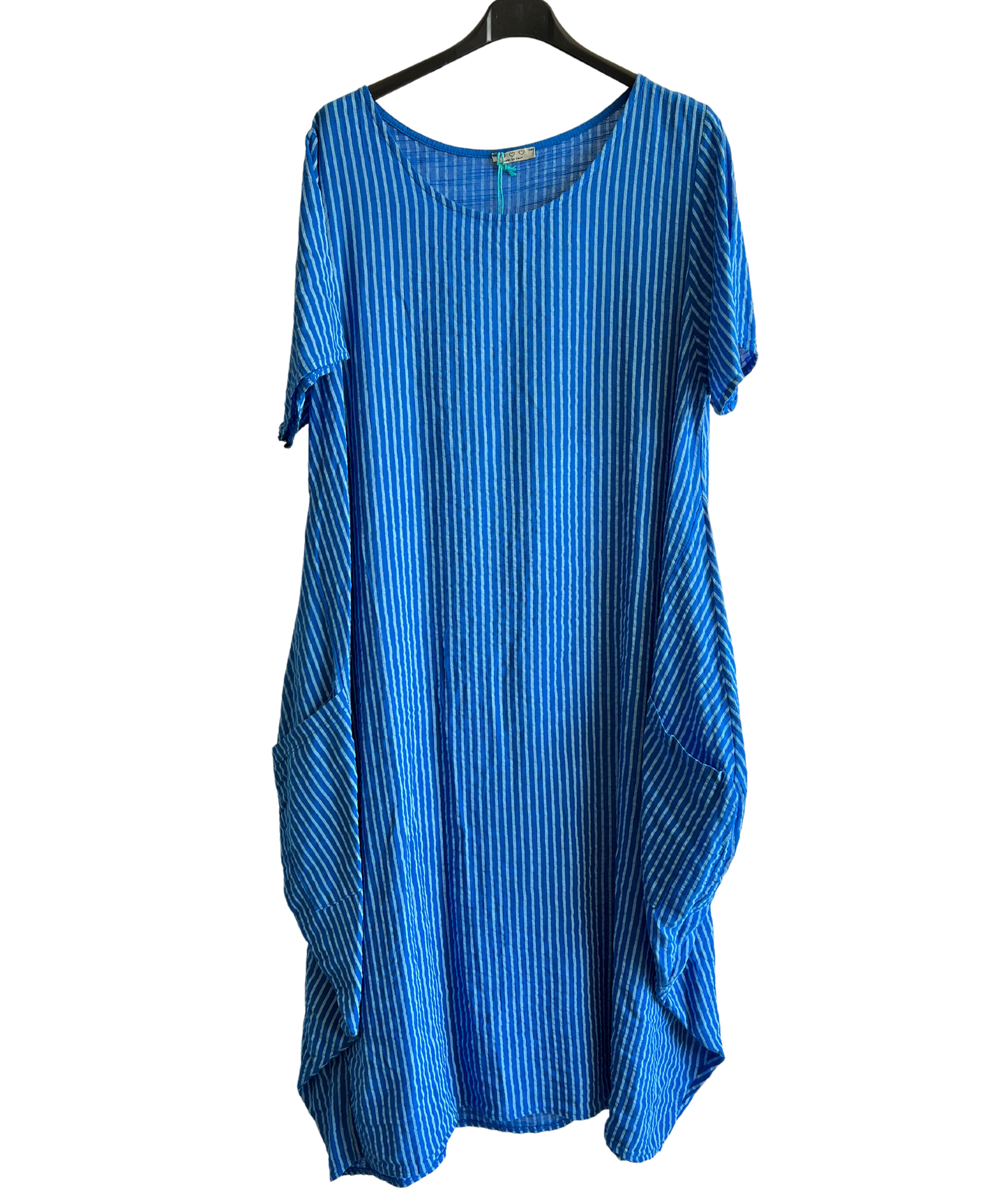 Lagenlook Stripe Cotton Summer Long Dress In Royal Blue