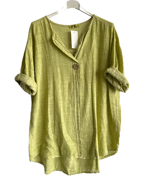 Oversized Cotton & Linen Blend Button Top In Lime