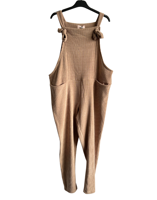 2 Pocket Front Tie Jumbo Cord Stretchy Dungarees in Beige