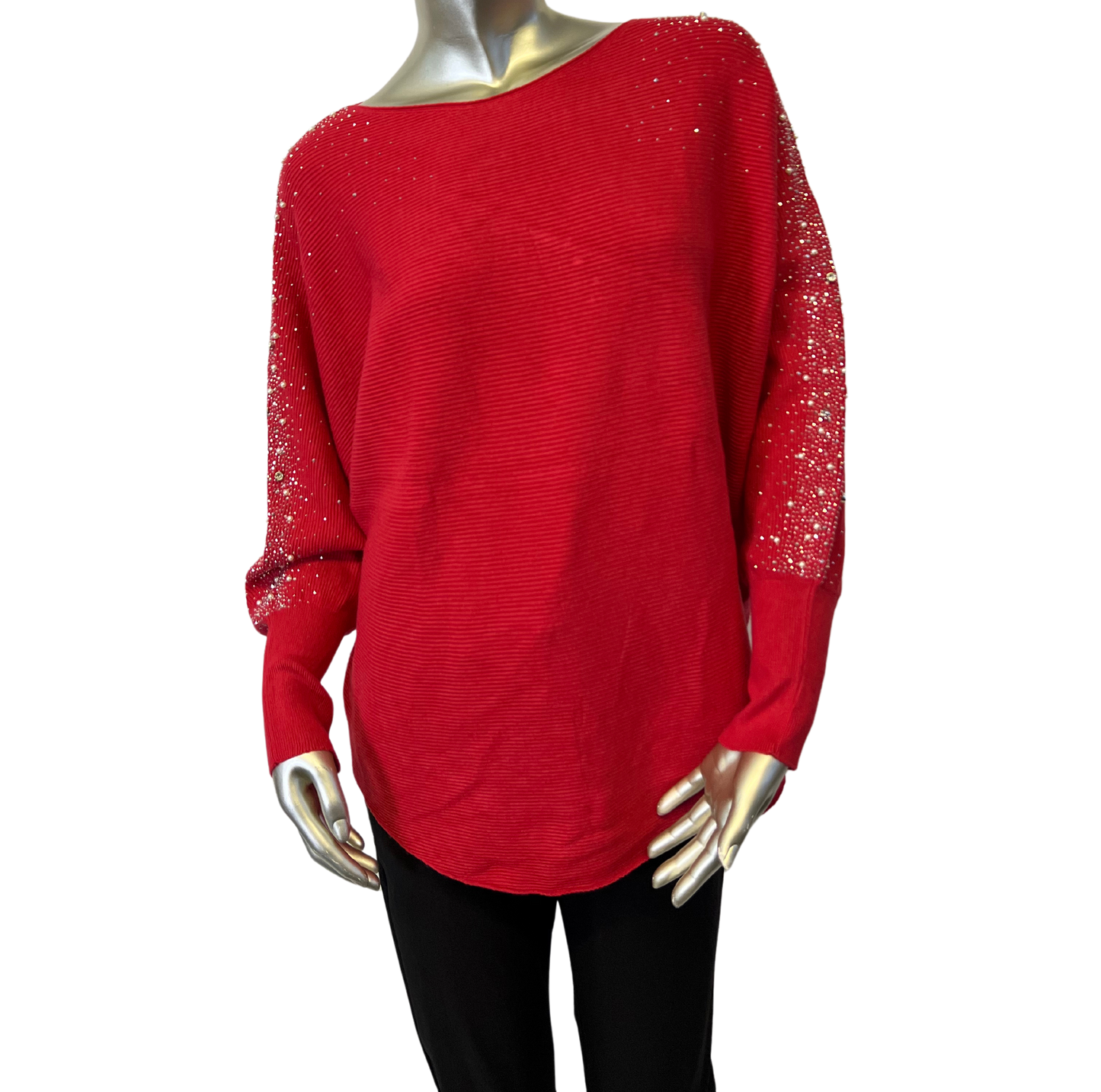 Pearl Diamante Sparkly Batwing Sleeve Jumper in Red