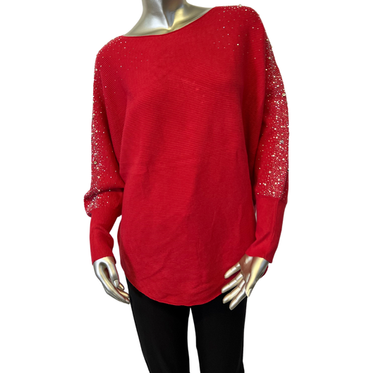 Pearl Diamante Sparkly Batwing Sleeve Jumper in Red