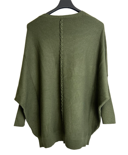 Lagenlook Italian Plait Back Design 2 Pocket Jumper in Khaki