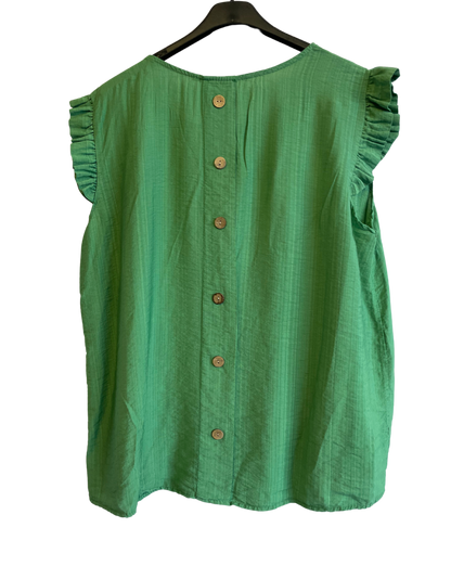 Button Back Summer Frill Cap Sleeve Plain Vest Top in Green