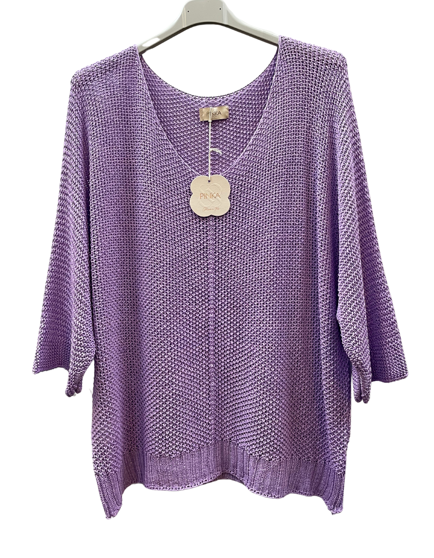 Oversized Lagenlook V Neck Knit Crochet Top in Lilac