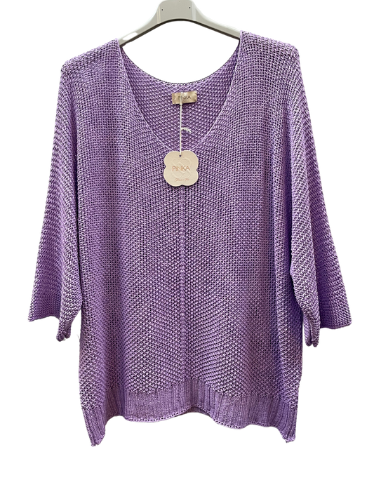 Oversized Lagenlook V Neck Knit Crochet Top in Lilac