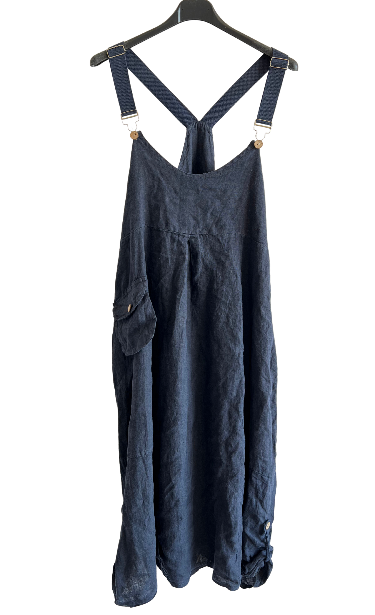 Lightweight Summer Linen Dungaree Dress in Navy