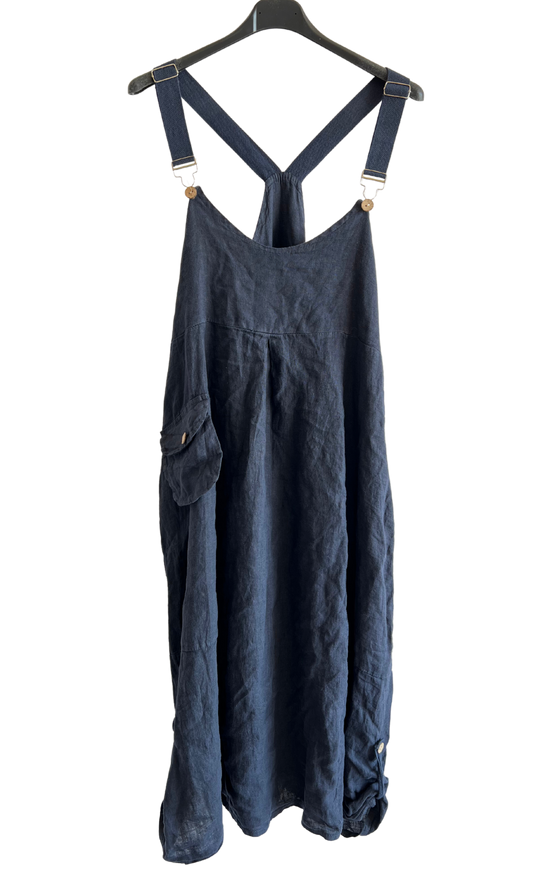 Lightweight Summer Linen Dungaree Dress in Navy