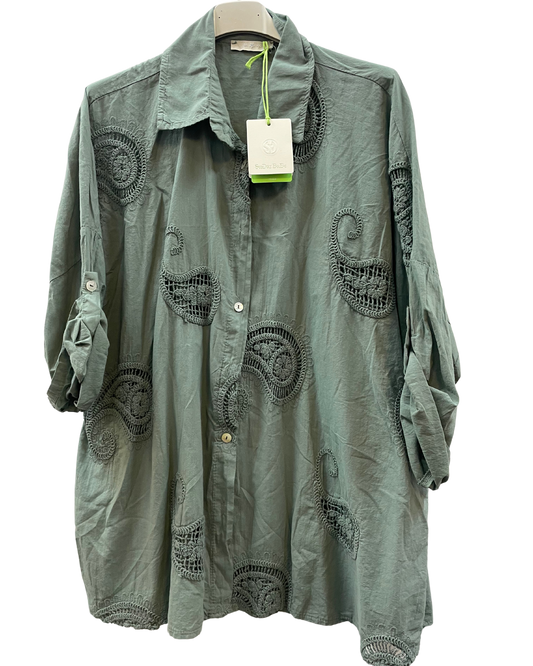 Paisley Design Cotton Shirt with Turn Up Sleeves in Khaki