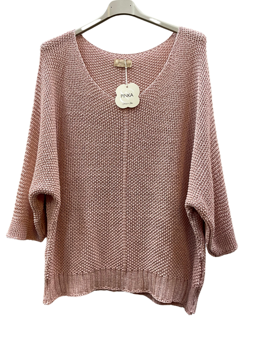 Oversized Lagenlook V Neck Knit Crochet Top in Pink