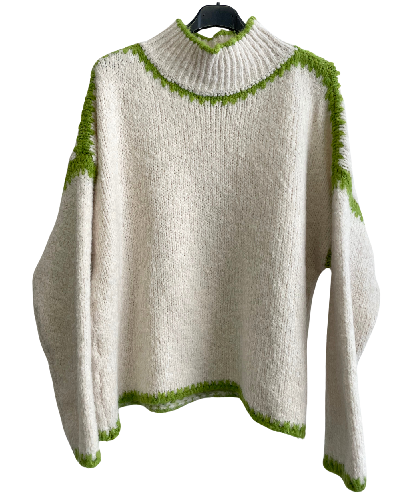 Soft Knitted Italian High Neck Jumper with Blanket Stitch Edging in Cream with Lime