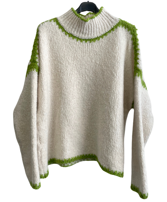 Soft Knitted Italian High Neck Jumper with Blanket Stitch Edging in Cream with Lime