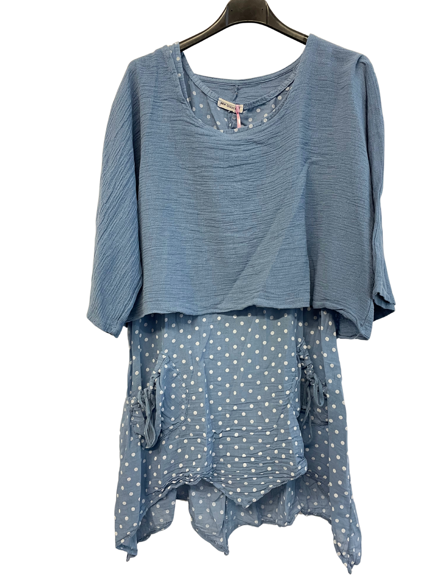 2 Piece Spot Dress Asymmetric Hem with Plain Crop Top in Light Blue