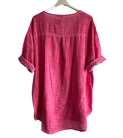 Oversized Cotton & Linen Blend Button Top In Fuchsia