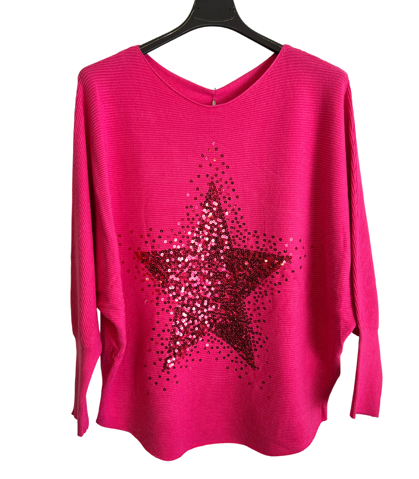 Sequin Star Batwing Sleeve Fine Knit Jumper in Fuchsia