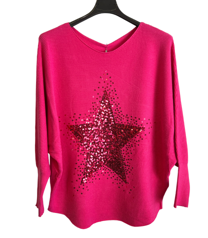 Sequin Star Batwing Sleeve Fine Knit Jumper in Fuchsia