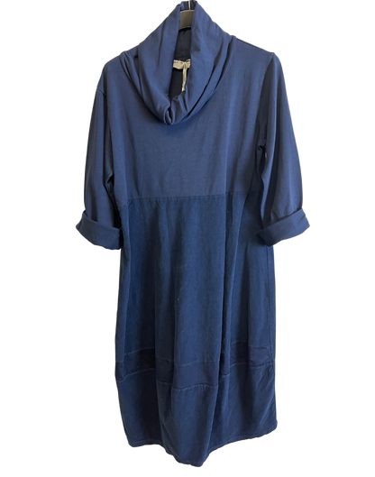 Cowl Neck Long Sleeve Cord Panel Jersey Dress In Navy