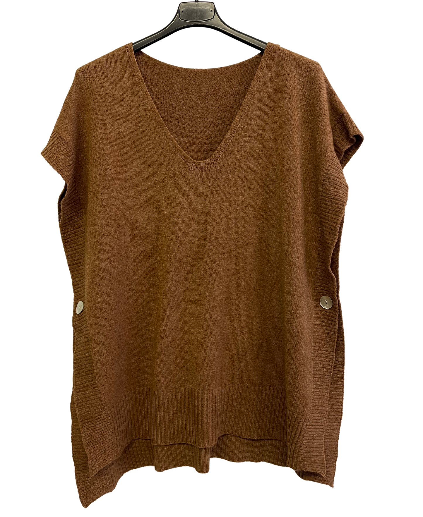 Soft Knitted Sleeveless Button Design V Neck Tank Top in Camel