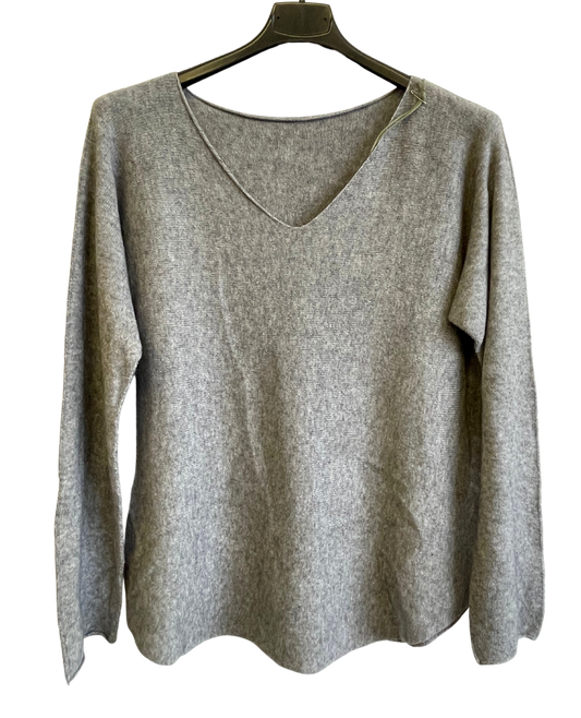 Soft Knit V-Neck Curved Hem Jumper in Grey