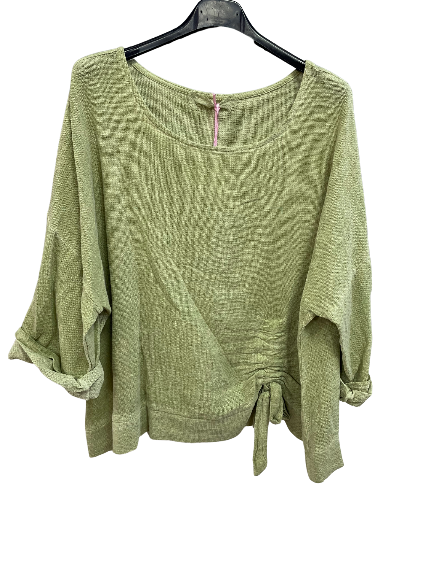 Summer Lagenlook Italian Scoop Neck Ruched Linen Top in Lime