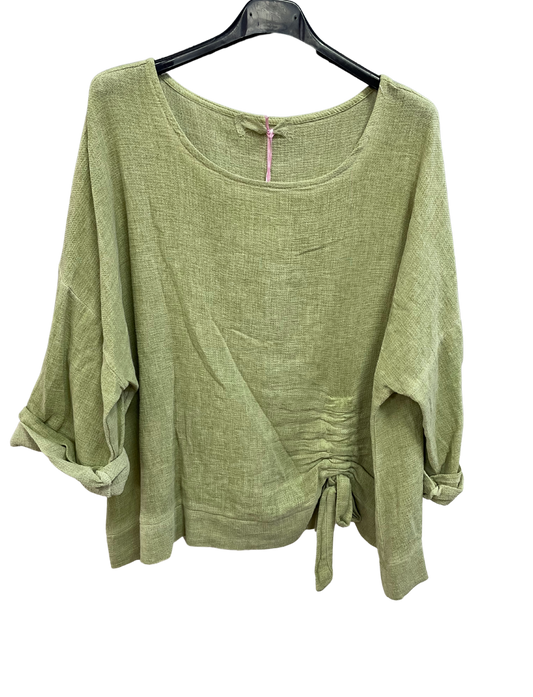 Summer Lagenlook Italian Scoop Neck Ruched Linen Top in Lime