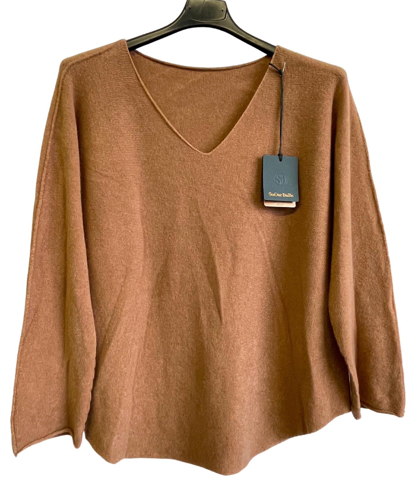 Soft Knit V-Neck Curved Hem Jumper in Camel