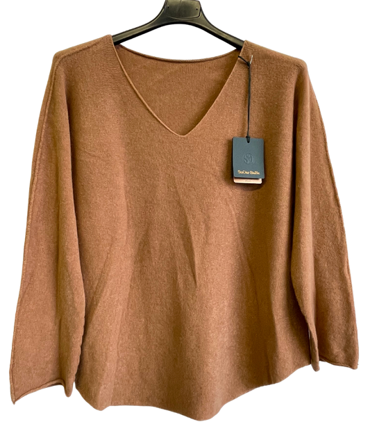 Soft Knit V-Neck Curved Hem Jumper in Camel