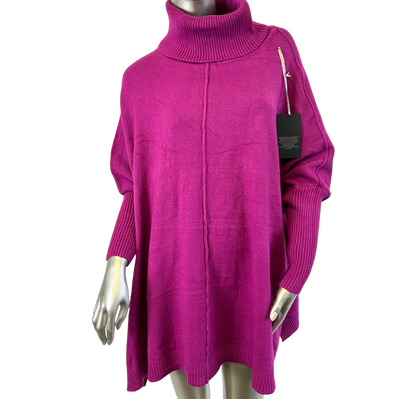 Oversized Knitted Cowl Neck Jumper with Front Seam Detail in Magenta