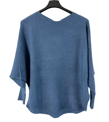 Autumn Pearl Sequin Design Batwing Sleeve Ribbed Knit Jumper in Denim