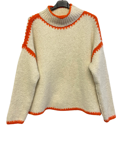 Soft Knitted Italian High Neck Jumper with Blanket Stitch Edging in Cream with Orange