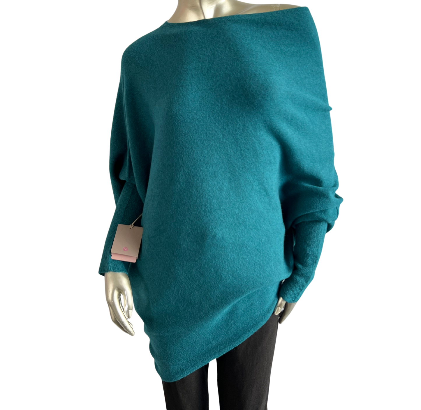 Asymmetric Draped Slouch Neck Soft Jumper with Long Fitted Sleeves in Teal