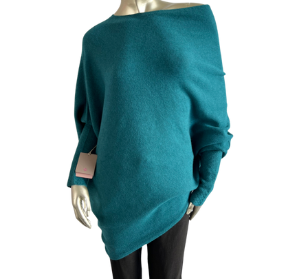 Asymmetric Draped Slouch Neck Soft Jumper with Long Fitted Sleeves in Teal