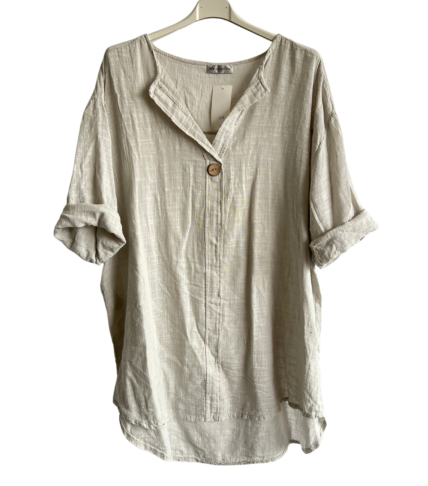 Oversized Cotton & Linen Blend Button Top In Beige