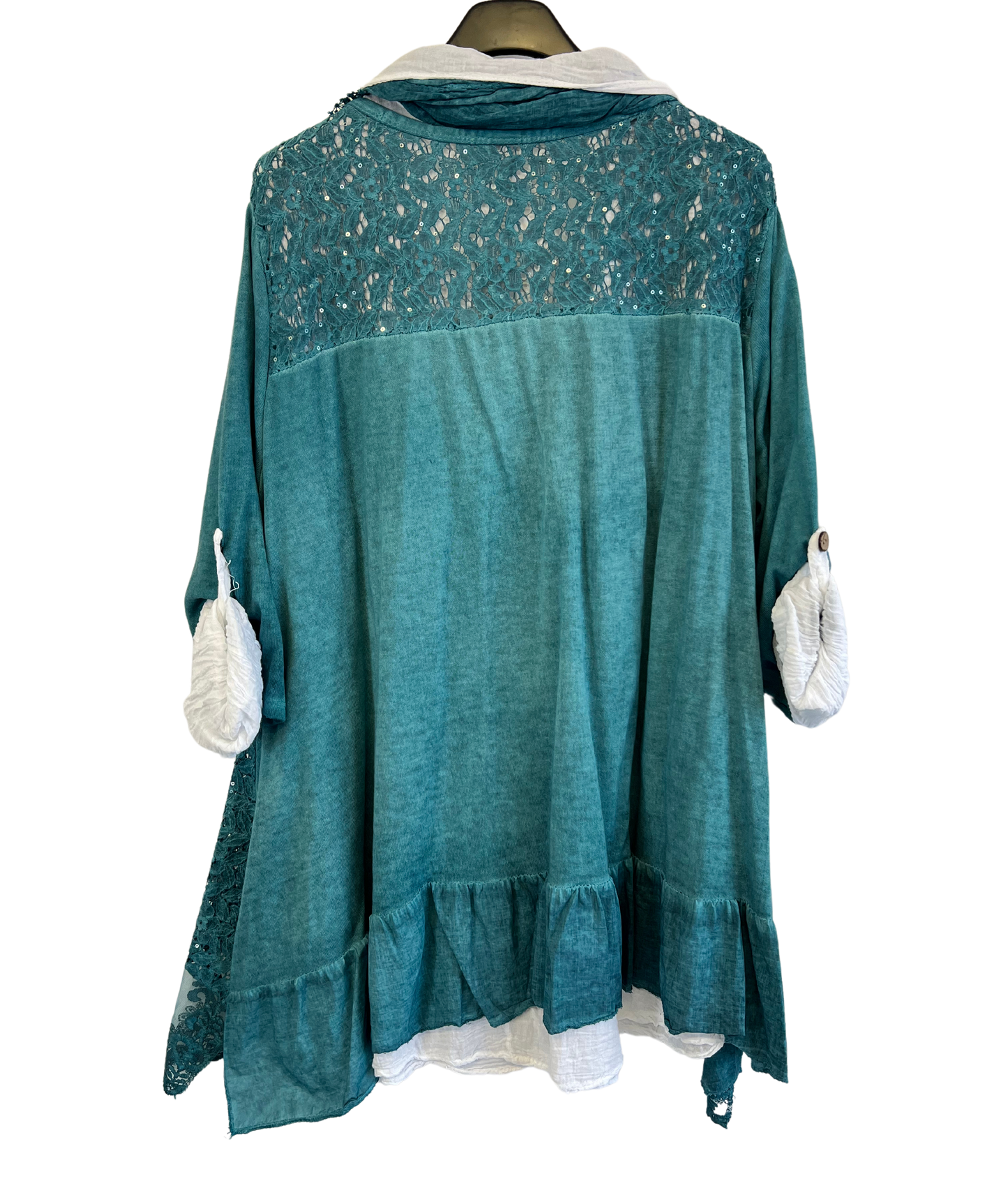 3 Piece Cotton Shirt with Knitted Overtop Tunic and Scarf in Teal