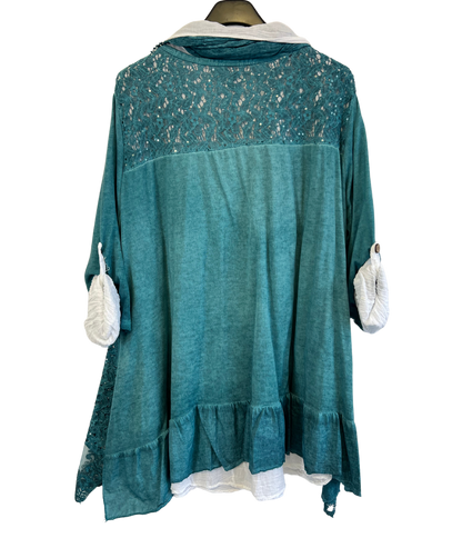 3 Piece Cotton Shirt with Knitted Overtop Tunic and Scarf in Teal